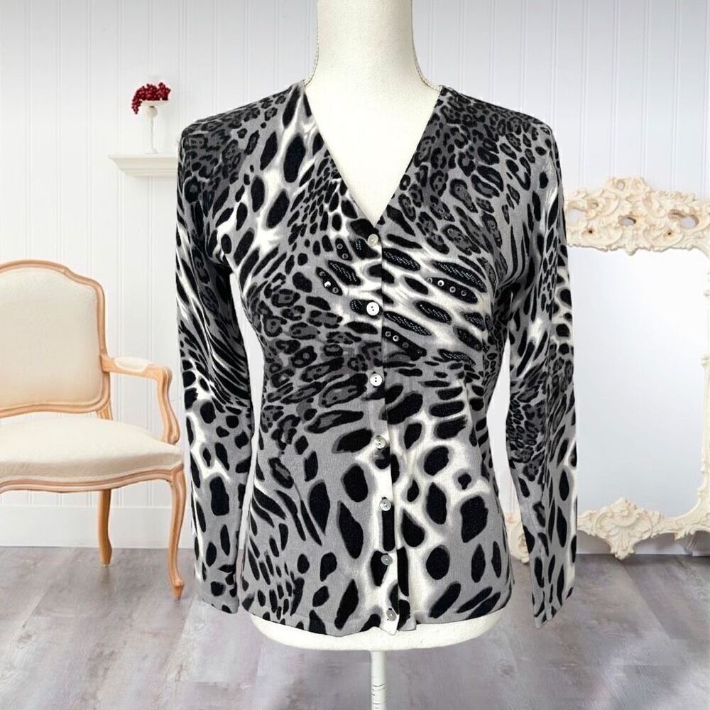 Black & Gray Beaded Cheetah Print Button Down Cardigan Pierri New York Sz M